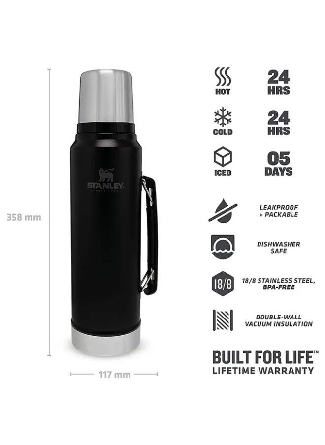 Stanley - Stanley Classic Legendary Vacuum Bottle 1L (1.1QT) Matte Black – BPA-Free Stainless Steel Thermos Flask with Leakproof Lid that Converts to Drinking Cup – Advanced Vacuum Insulation Keeps Drinks Hot or Cold for 24 Hours – Durable, Dishwasher Safe and Ideal for Outdoor & Everyday Use - Image 1