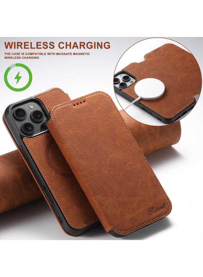 Suteni Case For iPhone 16 Pro J06 Retro Matte Litchi Texture Leather MagSafe Phone Case - Image 2