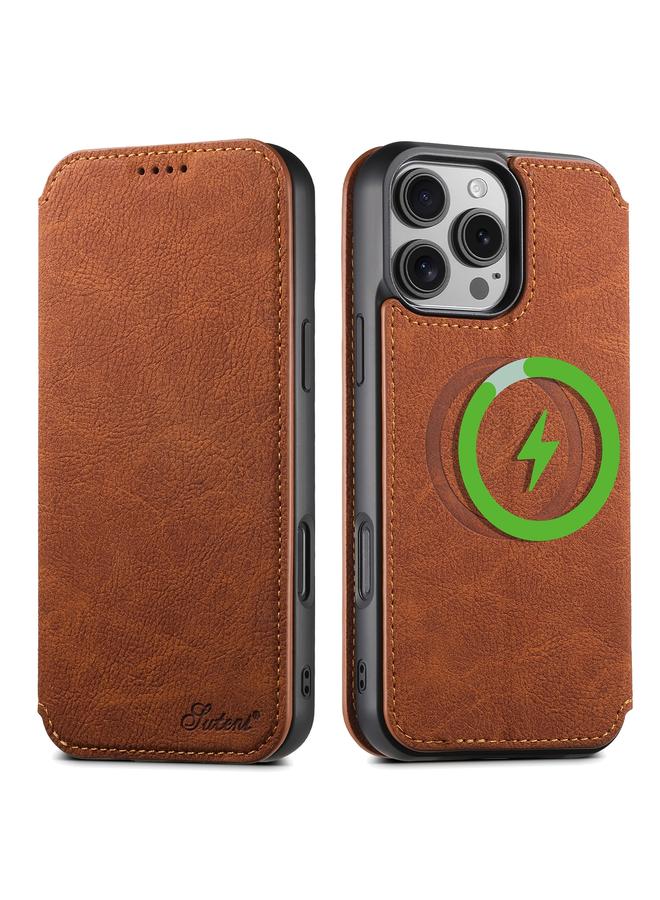 Suteni Case For iPhone 16 Pro J06 Retro Matte Litchi Texture Leather MagSafe Phone Case - Image 1