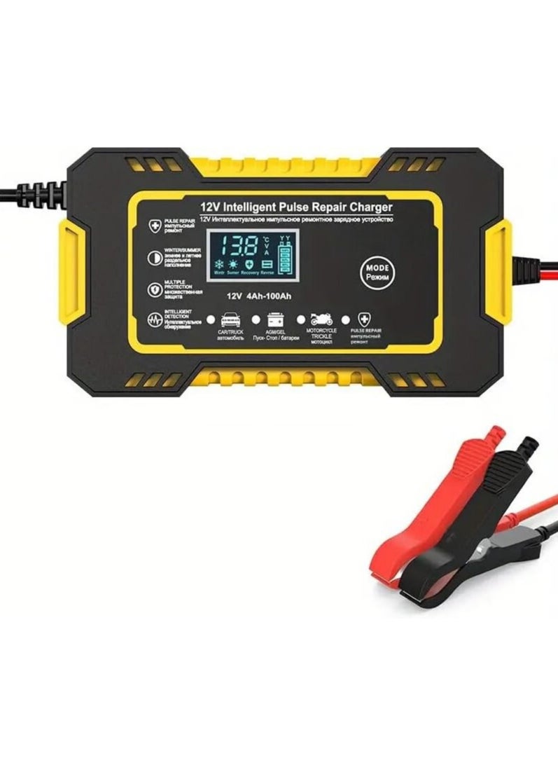 Portable Car Battery Charger, 12V-6A Smart Battery Trickle Charger with LCD Display, Temperature Compensation & Desulfator for Automotive, AGM/Gel Lead Acid Batteries