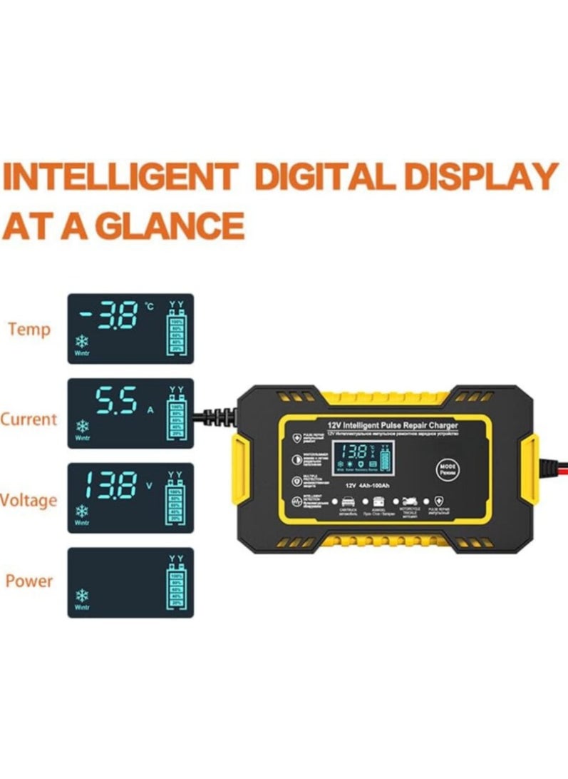 Portable Car Battery Charger, 12V-6A Smart Battery Trickle Charger with LCD Display, Temperature Compensation & Desulfator for Automotive, AGM/Gel Lead Acid Batteries