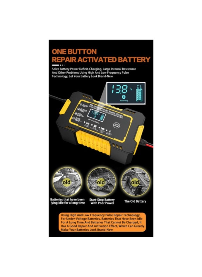 Portable Car Battery Charger, 12V-6A Smart Battery Trickle Charger with LCD Display, Temperature Compensation & Desulfator for Automotive, AGM/Gel Lead Acid Batteries