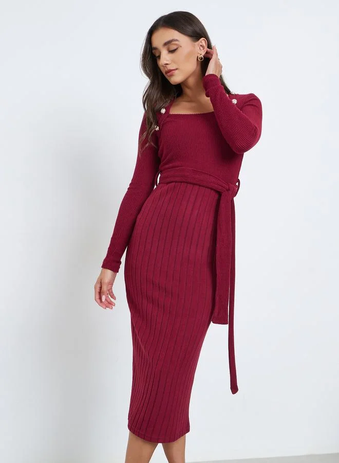 Styli Burgundy Ribbed Knit Long Sleeve Midi Dress