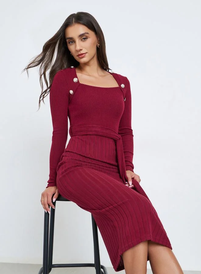 Styli Burgundy Ribbed Knit Long Sleeve Midi Dress