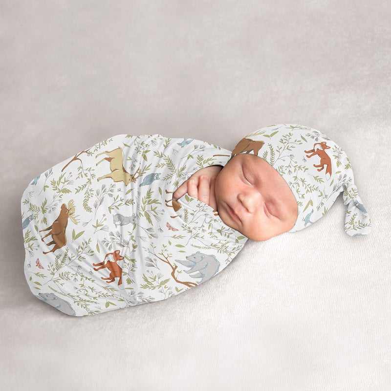 Sweet Jojo Designs Sweet Jojo Designs Woodland Animal Toile Baby Boy or Girl Cocoon and Beanie Hat 2pc Set Jersey Stretch Knit Sleeping Bag for Infant Newborn Nursery Sleep Wrap Sack Grey Green Forest Bear Deer Fox