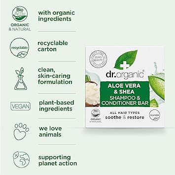 dr.organic Dr Organic Aloe Vera Shea Shampoo Bar Soothing All Hair Types Plastic Free Solid Shampoo Bar Natural Vegan CrueltyFree75g - Image 3