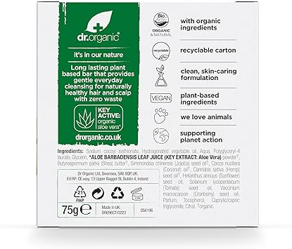 dr.organic Dr Organic Aloe Vera Shea Shampoo Bar Soothing All Hair Types Plastic Free Solid Shampoo Bar Natural Vegan CrueltyFree75g - Image 2