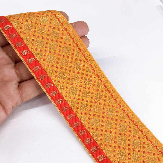 9 METER YELLOW SQUARE DESIGN JACQUARD BROCADE LACE BORDER FOR DRESSES, SAREE, LEHENGA BORDER, DUPATTA, BAG, CRAFT AND DECORATIONS