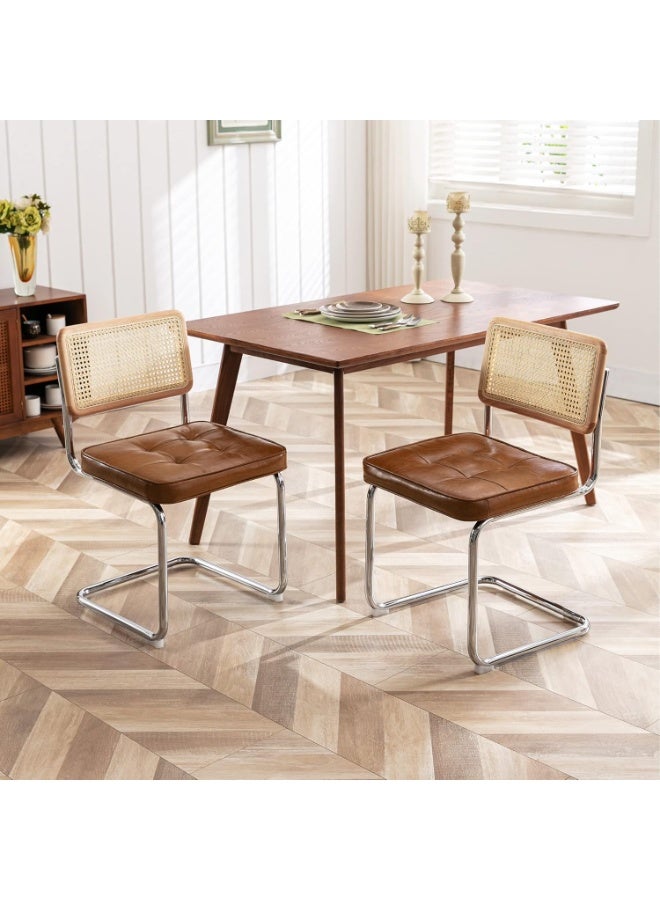 Old_Feller 2-Piece Vintage Rattan Dining Chairs Set，Mid-Century Modern Dining Chairs, Upholstered Tufted Faux Leather Accent Chairs,， Armless Mesh Back Cane Chairs with Metal Chrome Legs, Dark Brown - Image 3