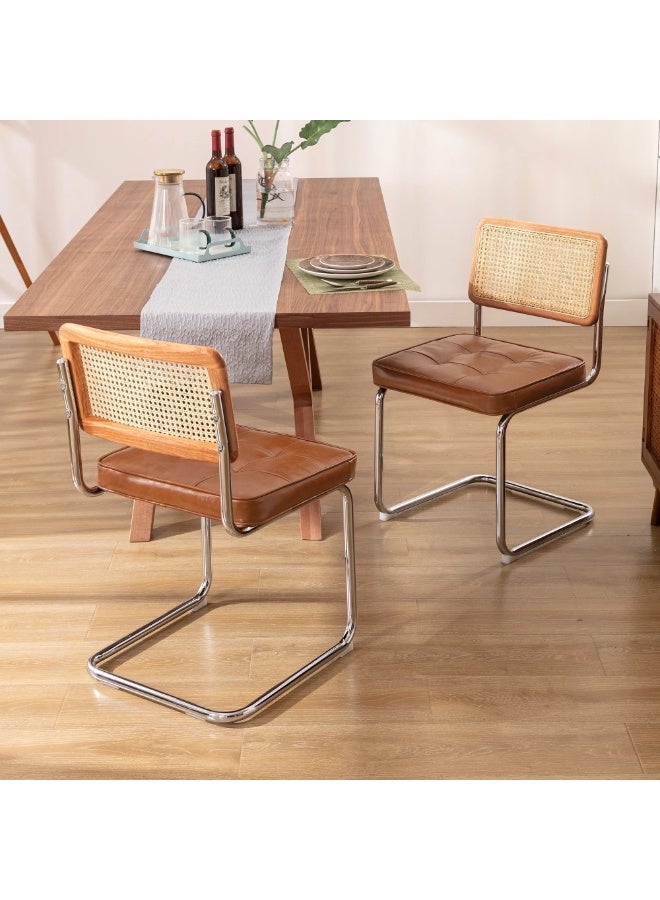 Old_Feller 2-Piece Vintage Rattan Dining Chairs Set，Mid-Century Modern Dining Chairs, Upholstered Tufted Faux Leather Accent Chairs,， Armless Mesh Back Cane Chairs with Metal Chrome Legs, Dark Brown - Image 5