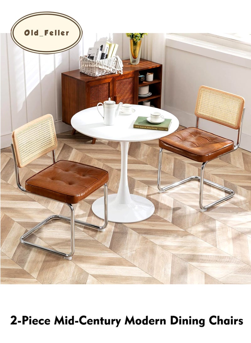 Old_Feller 2-Piece Vintage Rattan Dining Chairs Set，Mid-Century Modern Dining Chairs, Upholstered Tufted Faux Leather Accent Chairs,， Armless Mesh Back Cane Chairs with Metal Chrome Legs, Dark Brown - Image 1