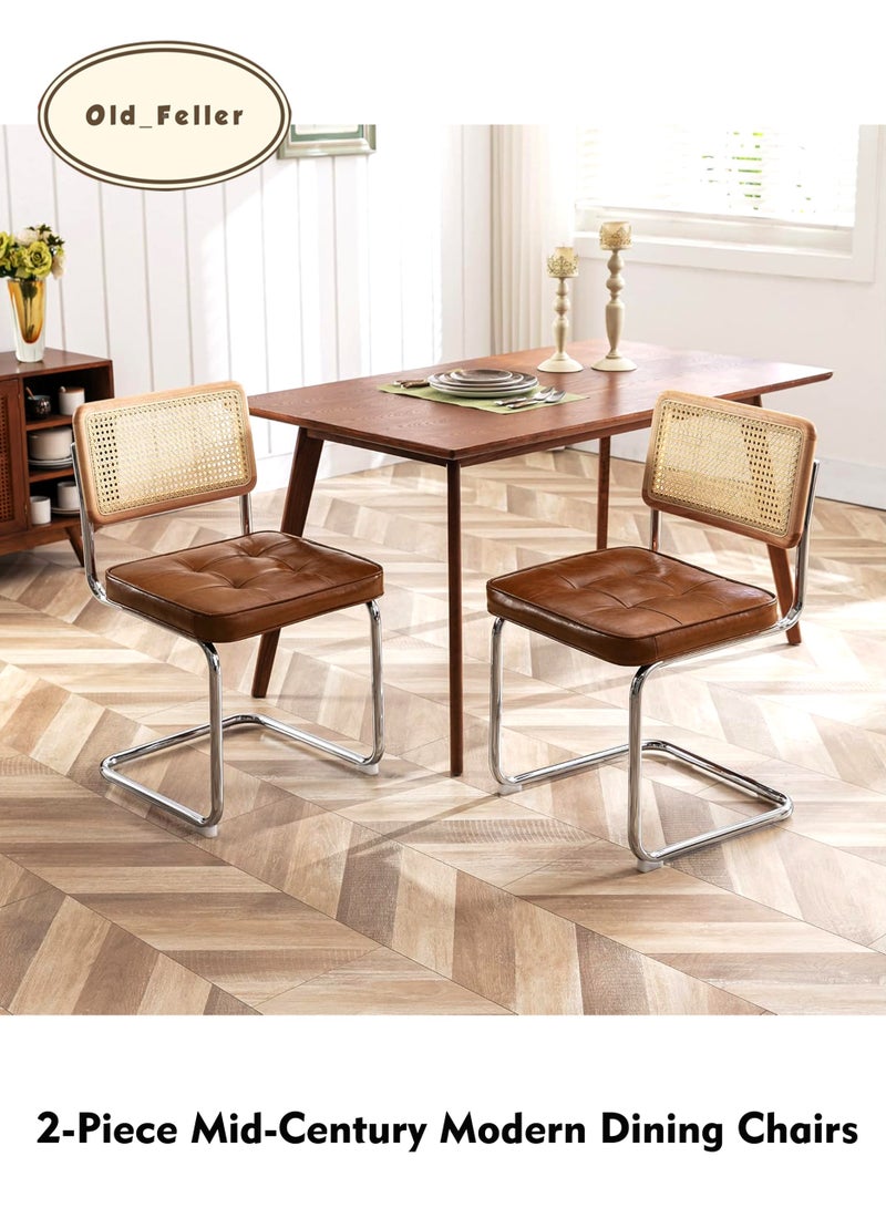 Old_Feller 2-Piece Vintage Rattan Dining Chairs Set，Mid-Century Modern Dining Chairs, Upholstered Tufted Faux Leather Accent Chairs,， Armless Mesh Back Cane Chairs with Metal Chrome Legs, Dark Brown - Image 2