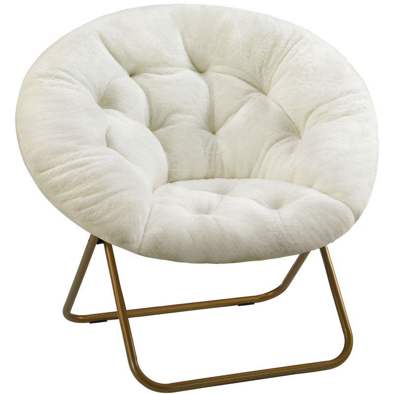 Simple Deluxe Saucer Chair, Round Foldable Reading Chairs, X-Large Size Cozy Papasan Chair, Comfy Furry Padded Moon Chair, Round Dorm Chairs for Bedroom Living Room, White - Image 1
