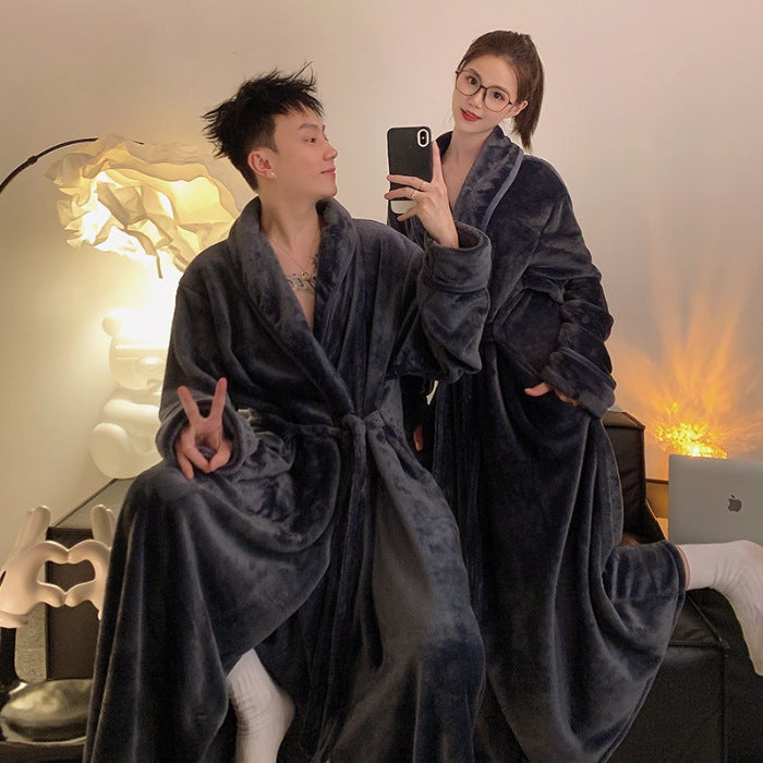 Nightgown Women'S Winter Coral Fleece Bathrobe Couple'S Fleece-Lined Thickened Long Flannel Pajamas Men'S - Image 1