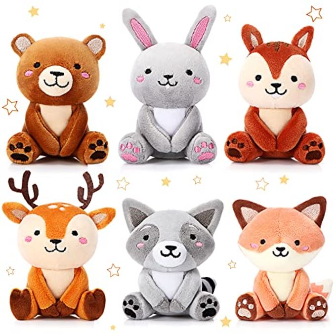 Aoriher 6 Pcs Mini Woodland Animals Plush Toys Gift 4 Inch Cute Plush Bear Rabbit Squirrel Raccoon Stuffed Keychain for Baby Shower Birthday Party Centerpiece Decor Classroom Prizes(Regular Style) - Image 1