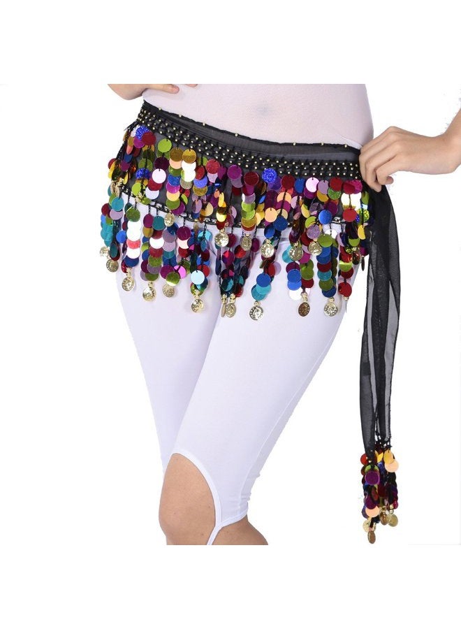 ZLTdream Belly Dance Color Sequin Film Gong Hip Scarf Skirt with Gold Coins for Women Belly Dancer Costume Chiffon, Black, One size - Image 2