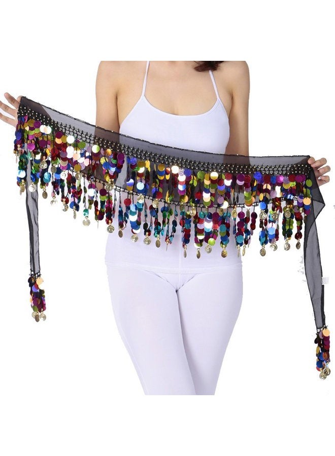 ZLTdream Belly Dance Color Sequin Film Gong Hip Scarf Skirt with Gold Coins for Women Belly Dancer Costume Chiffon, Black, One size - Image 1