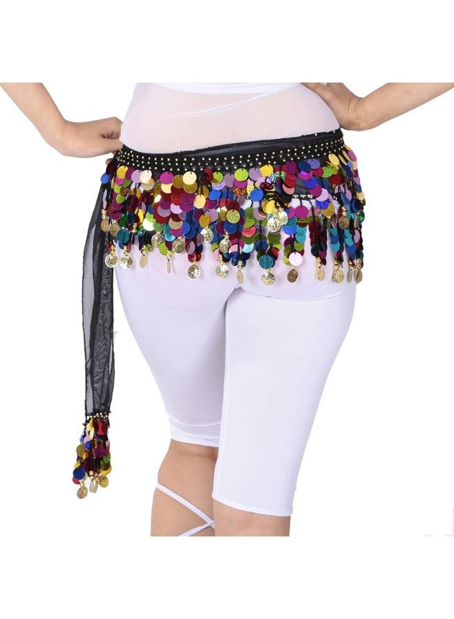 ZLTdream Belly Dance Color Sequin Film Gong Hip Scarf Skirt with Gold Coins for Women Belly Dancer Costume Chiffon, Black, One size - Image 4