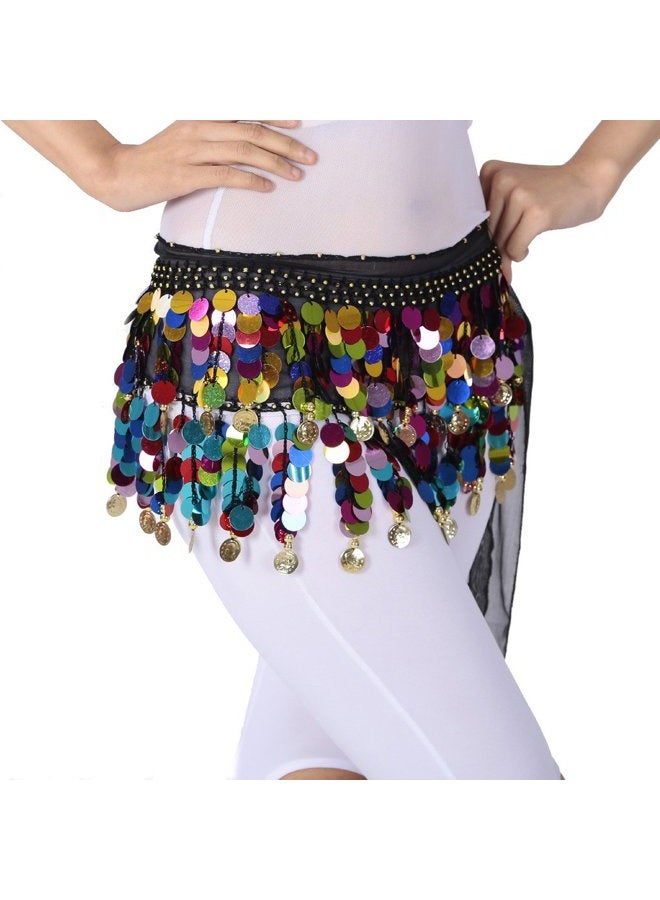 ZLTdream Belly Dance Color Sequin Film Gong Hip Scarf Skirt with Gold Coins for Women Belly Dancer Costume Chiffon, Black, One size - Image 3