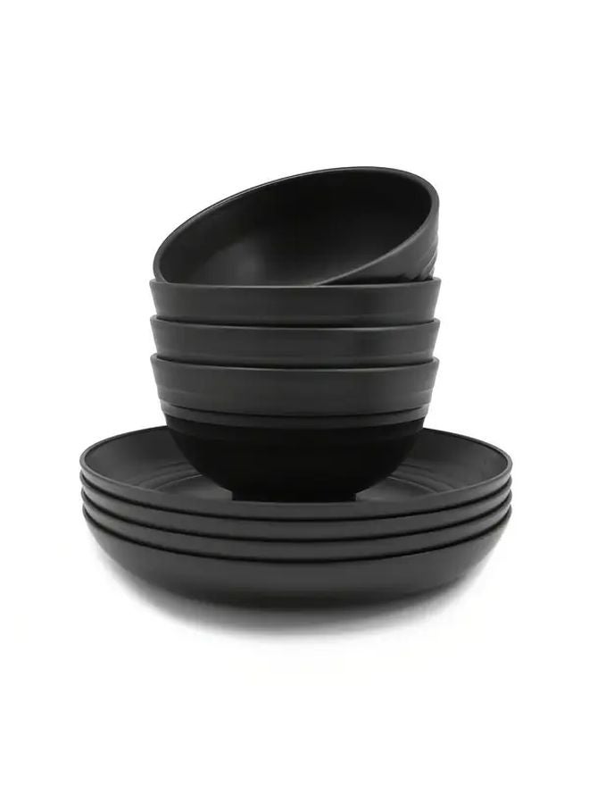 Black Bowl And Plate Set 4 Bowls 4 Plates Dishwasher Microwave Safe For 4 People Camping Picnic Gift - Image 1