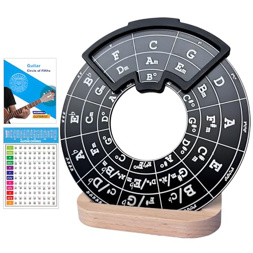 Ssllretu Circle of Fifths Wheel Metal Melody Tool with Guitar Chord Chart Music Theory Book and Wooden Stand for Musical Instruments Black - Image 1