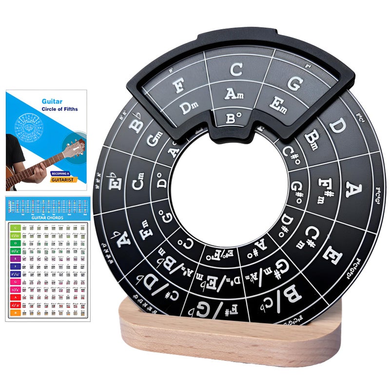 Ssllretu Circle of Fifths Wheel Metal Melody Tool with Guitar Chord Chart Music Theory Book and Wooden Stand for Musical Instruments Black - Image 2