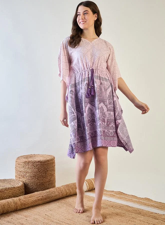 Take Two Purple Patterned Kaftan Nightdress with Tassels By The Kaftan Company