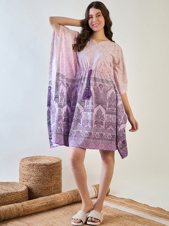 The Kaftan Company Purple Patterned Kaftan Nightdress with Tassels - Image 1