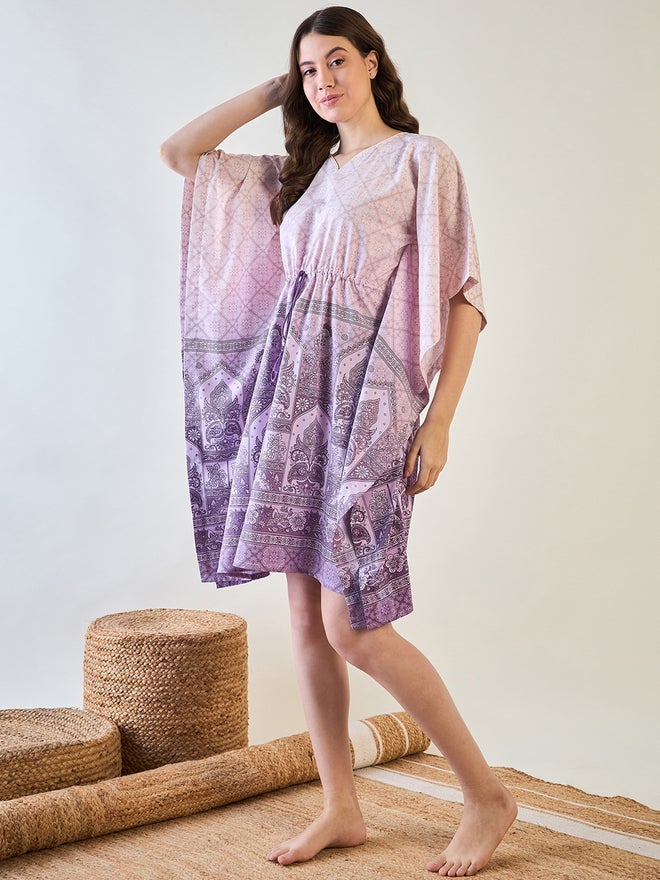 The Kaftan Company Purple Patterned Kaftan Nightdress with Tassels - Image 3