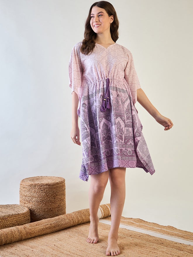 The Kaftan Company Purple Patterned Kaftan Nightdress with Tassels - Image 2