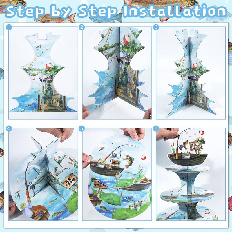 Keluna Ofishally One Birthday Decorations - Reusable Fishing Party Supplies Gone Fishing 3 Tier Cupcake Stand Dessert Tower Holder for Birthday Decoration Baby Shower Party Decor Supplies - Image 4