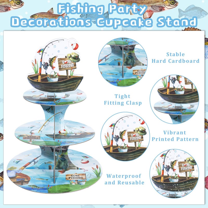 Keluna Ofishally One Birthday Decorations - Reusable Fishing Party Supplies Gone Fishing 3 Tier Cupcake Stand Dessert Tower Holder for Birthday Decoration Baby Shower Party Decor Supplies - Image 3