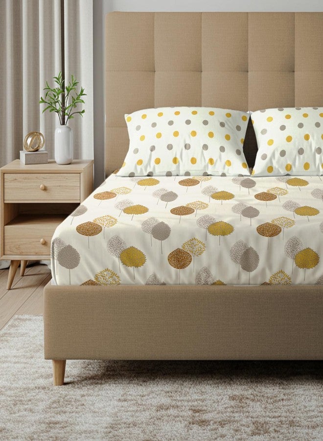 Urban Space Serene 200 TC 100% Cotton Elastic Fitted Bedsheets King Size With 2 Pillow Covers, King Size Bedsheet Floral(Drops Mustard, Size 72 X 78 Inches) - Image 1