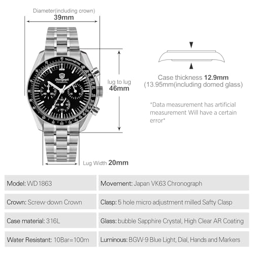 watchdives WD1860 WD1861 WD1863 Mens Chronograph Watch Japan VK63 Quartz Sports Watches 40mm Bubble Sapphire Crystal Wristwatch 100M Dive Watch Black WD1863 V2 Screw Bracelet - Image 3