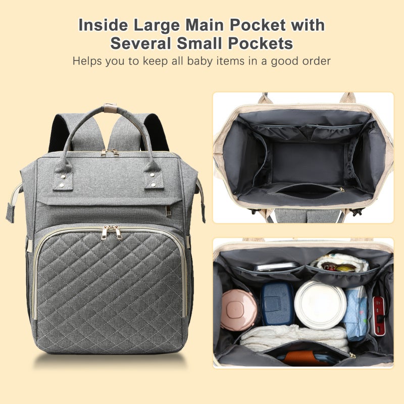 Grey Diaper Bag Backpack: Large Capacity With 3 Thermal Bottle Pockets, Water-resistant Nylon, Stroller Straps - Unisex USB Charging Diaper Bag for Travel, Shopping, New Parents - Image 3