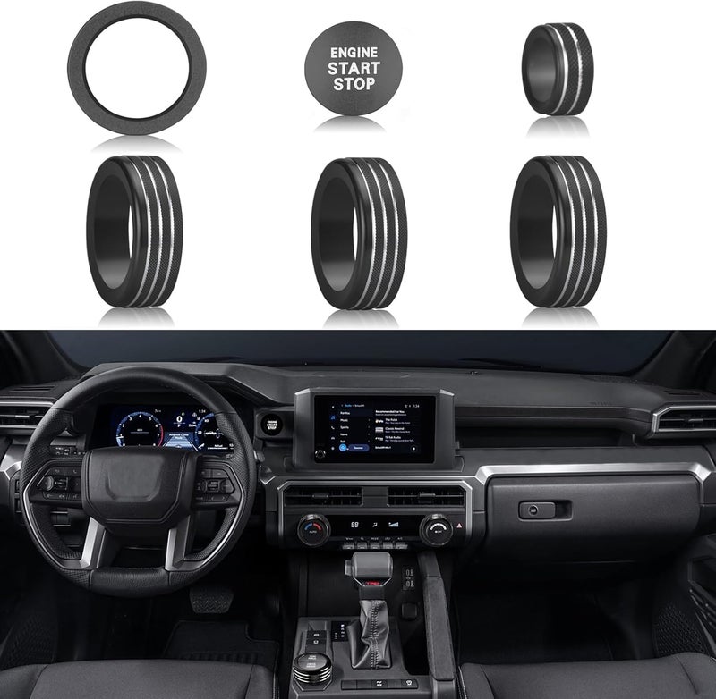 HDUFC For Toyota Tacoma 2024 2025/4Runner/4Runner Hybrid 2025 One Touch Start, Screen Center Console Button Knob Cover Ring Air Conditioner AC Switch Audio Aluminum Alloy Parts 6pcs (8-inch screen, black) - Image 1