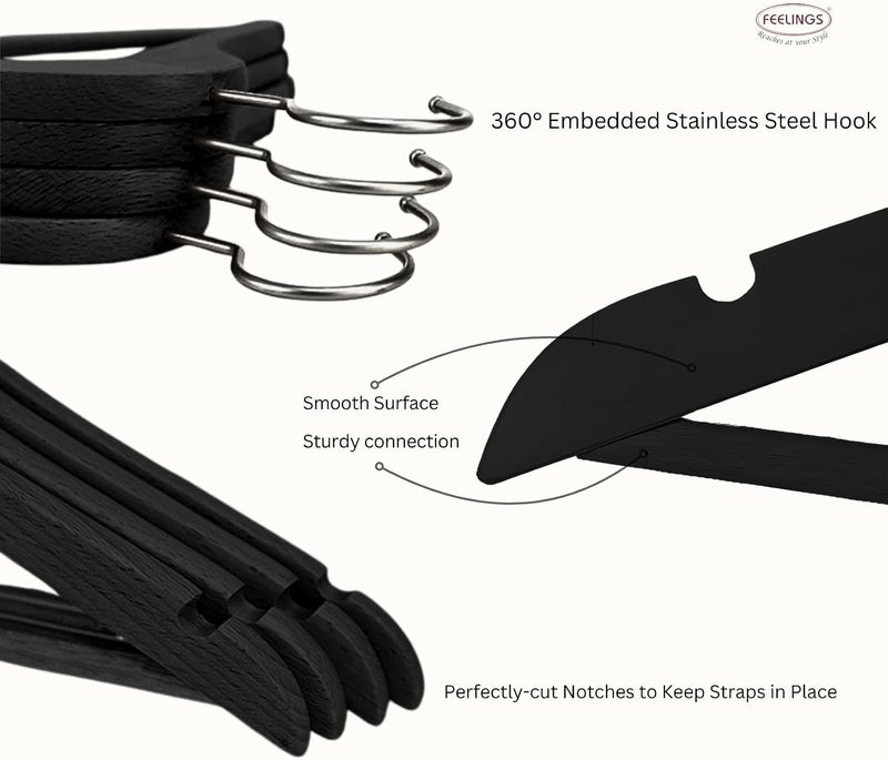 Feelings 24Pcs Set, Abs Material, Black Wooden Appearance, Non-Slip Clothes Hanger With Notches, Hangers For Wardrobe, Cloth Display Rack Storage Organizer - Black - Image 4