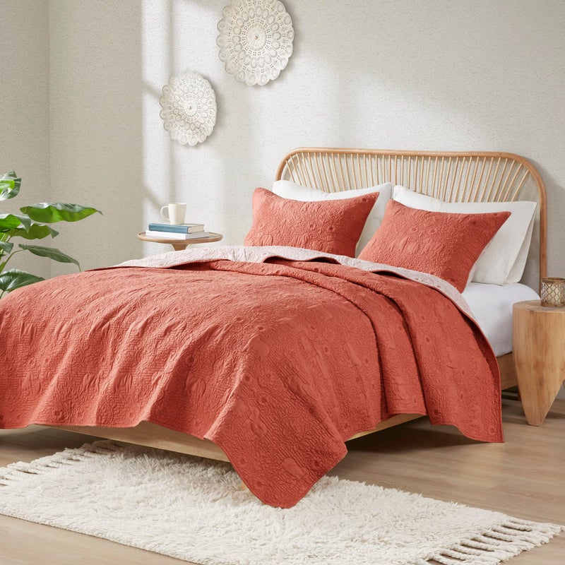 Ink+Ivy InkIvy Kandula KingCal King Size Quilt Bedding Set  Dark Orange  Quilted Floral Elephants  3 Piece Bedding Quilt Coverlets  100 Cotton Percale Bed Quilts Quilted Coverlet 