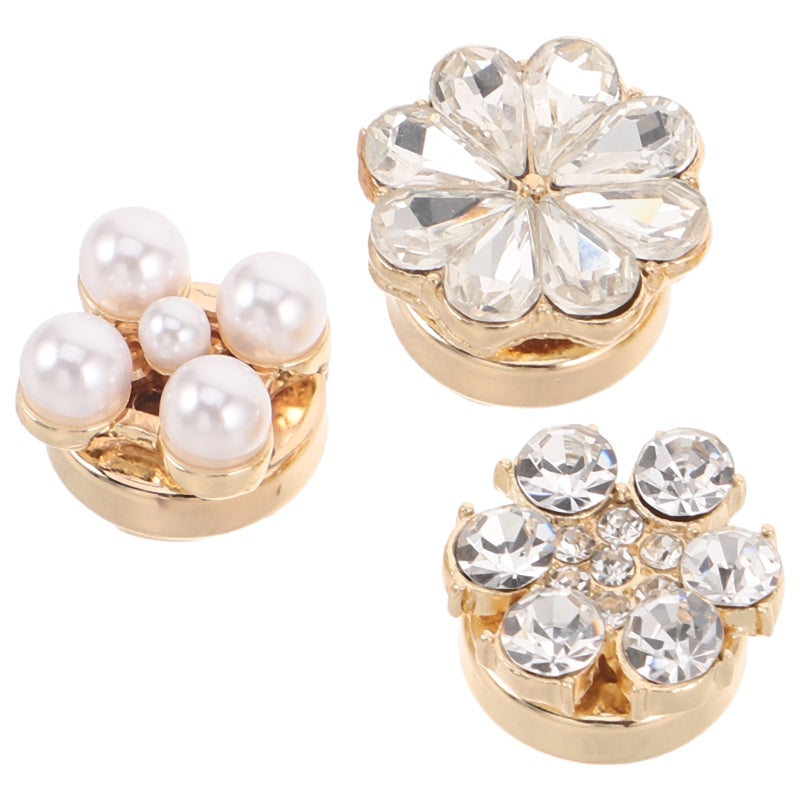 3pcs Rhinestone Buttons Covers: Flower Button Covers Clothing Decorative Pin - Link Jewelry - Tuxedo - Image 1