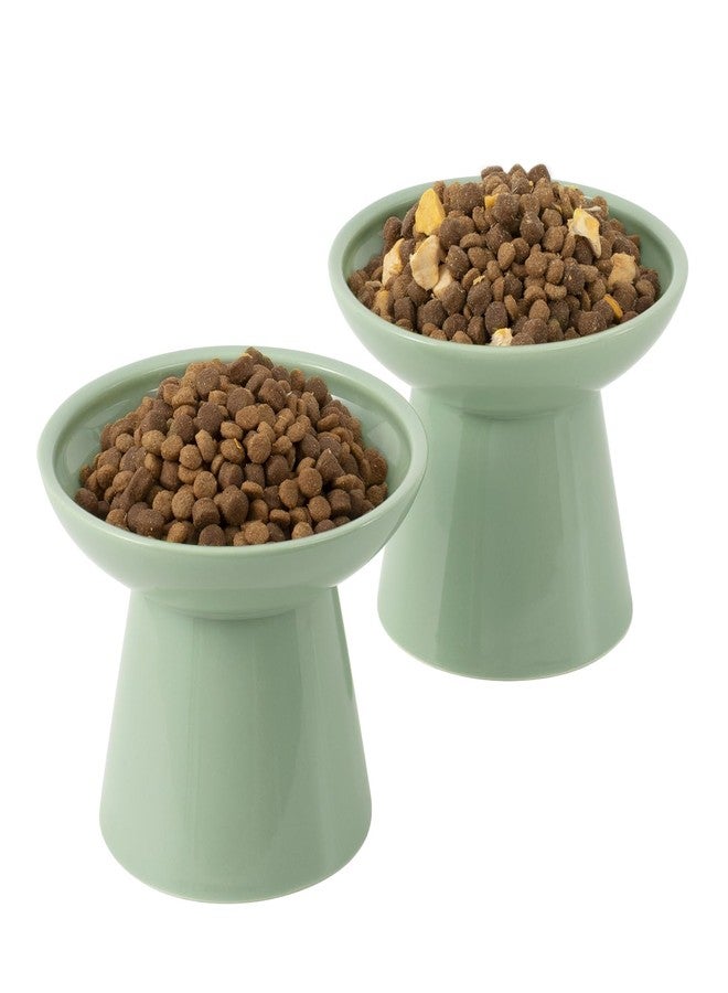 CEEFU Extra Wide Elevated Ceramic Cat Bowl, 6.2" Shallow Dish for Whisker Fatigue Relief, 5" Height for Easy Feeding, Durable Raised Cat Food Bowls, Pack of 2, Sage Green - Image 1