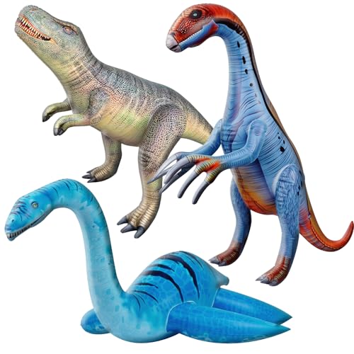 HOHQB 3 Inflatable Dinosaur Jurassic Birthday Party Supplies Giant Blow up Dinosaur Birthday Decorations Balloons for Kids Plesiosaur Tyrannosaurus Therizinosaurus - Image 1