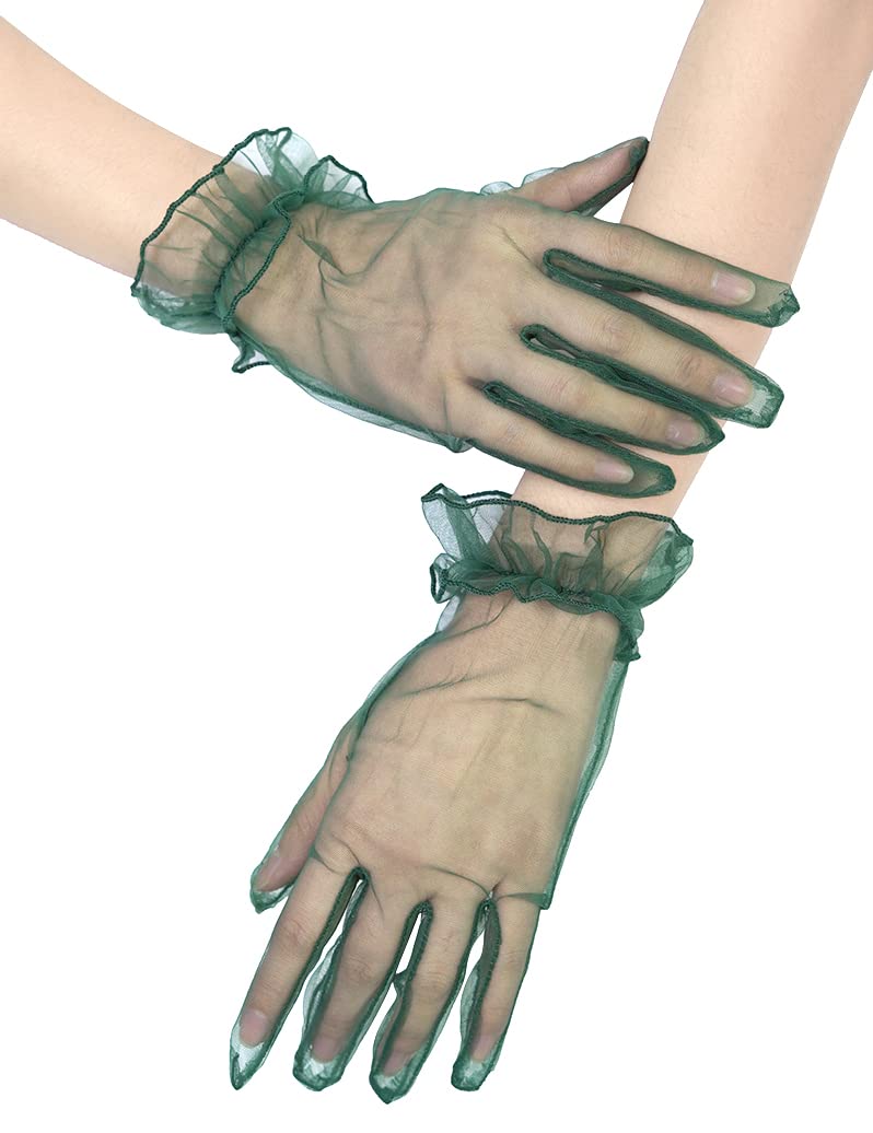 QRBTSCL Women's Short Mesh Gloves Ruffled Tulle Wedding Party Gloves Short Prom Evening Glove Dark Green - Image 2