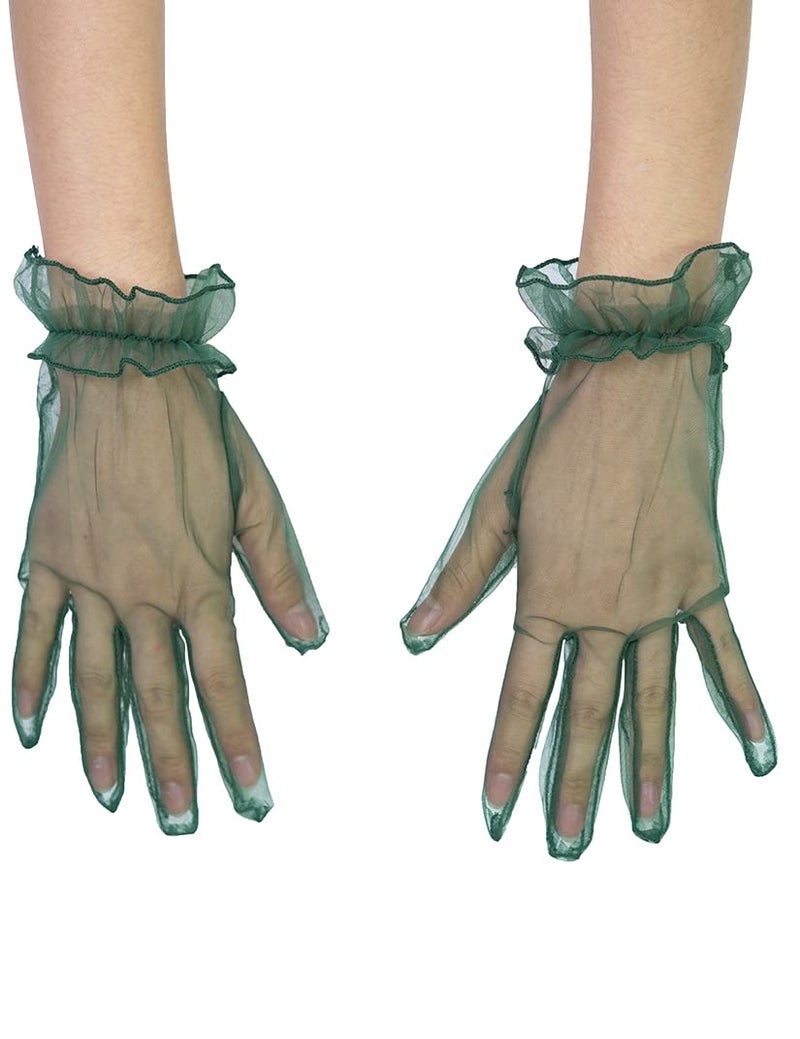 QRBTSCL Women's Short Mesh Gloves Ruffled Tulle Wedding Party Gloves Short Prom Evening Glove Dark Green - Image 3