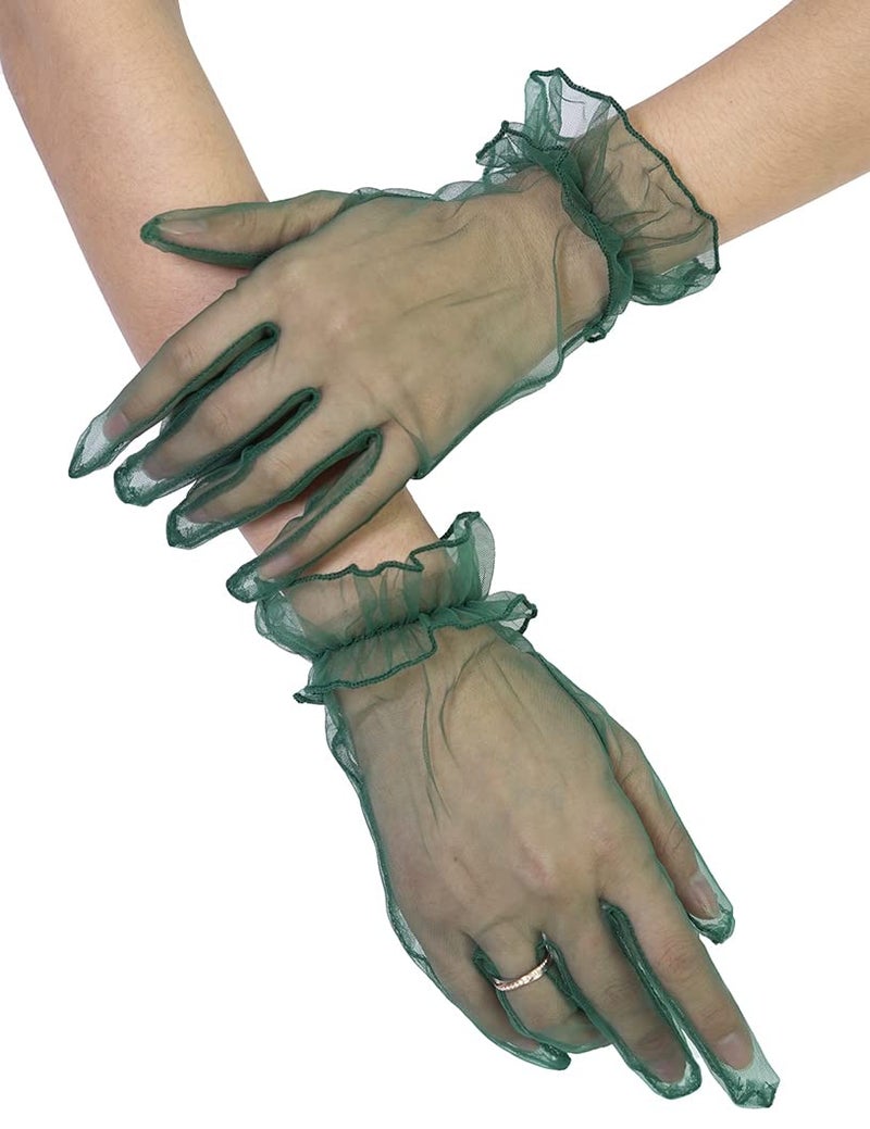 QRBTSCL Women's Short Mesh Gloves Ruffled Tulle Wedding Party Gloves Short Prom Evening Glove Dark Green - Image 5