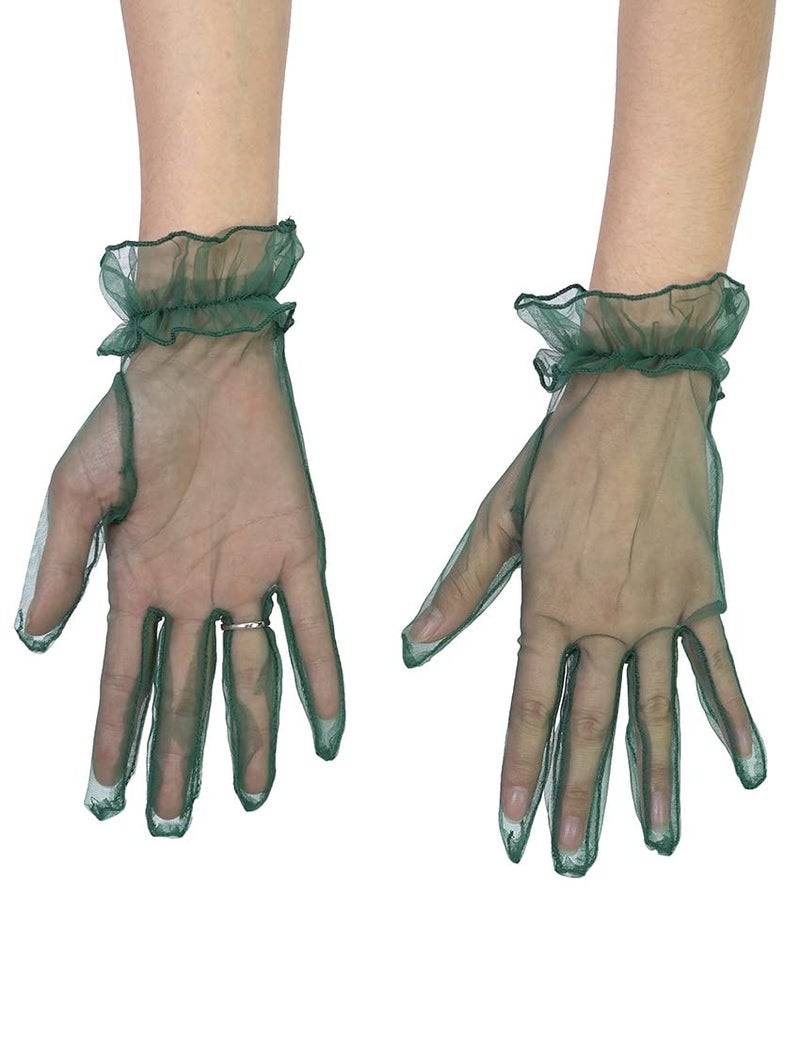 QRBTSCL Women's Short Mesh Gloves Ruffled Tulle Wedding Party Gloves Short Prom Evening Glove Dark Green - Image 4