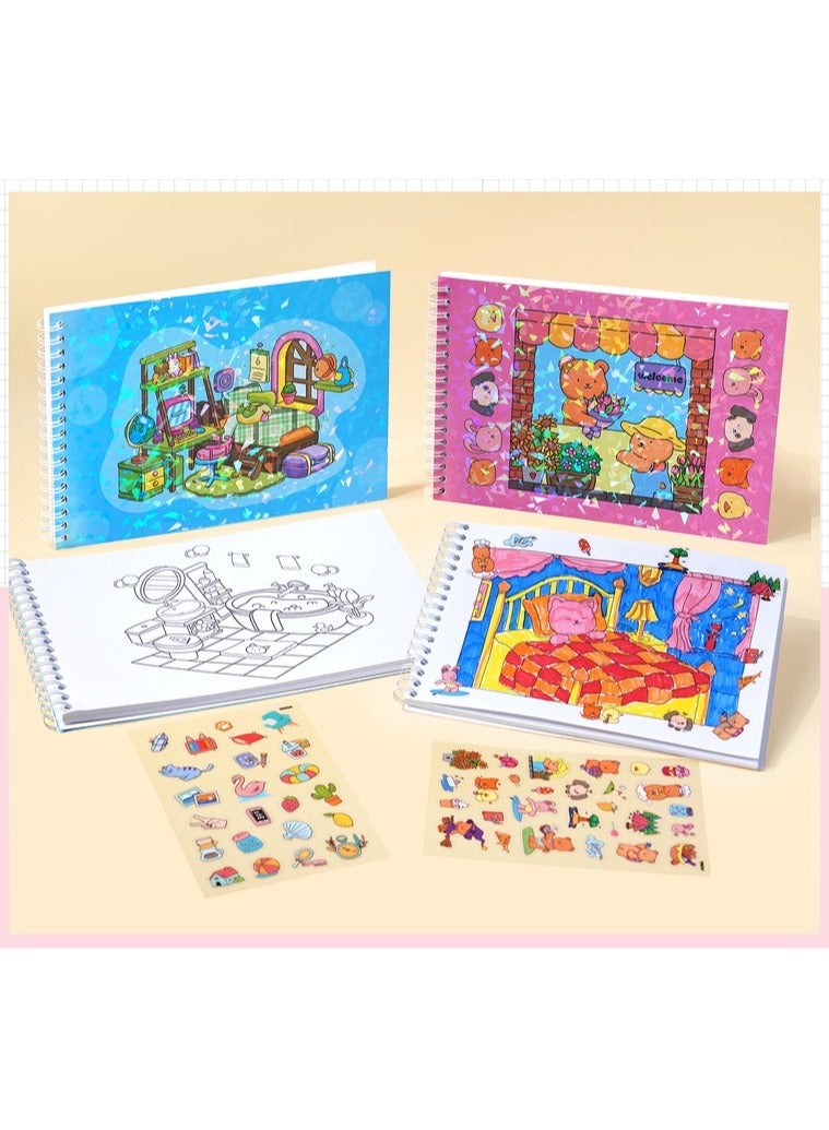 Cute Bear Coloring Book Stickers Set Laser Flash Film Coil Children's Coloring Book Blue - Image 3