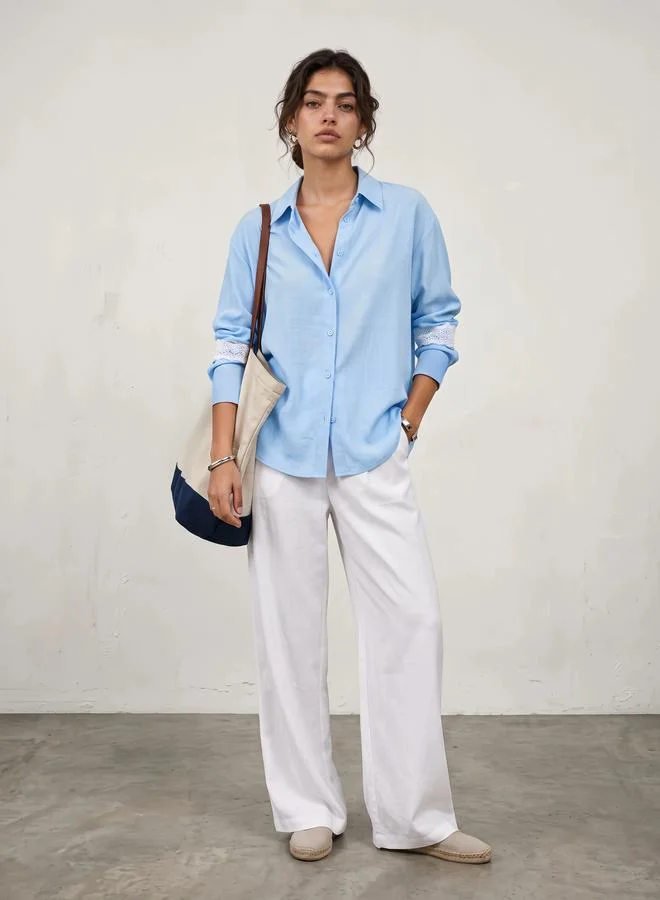 Styli Blue Relaxed Fit Shirt with Lace Cuffs