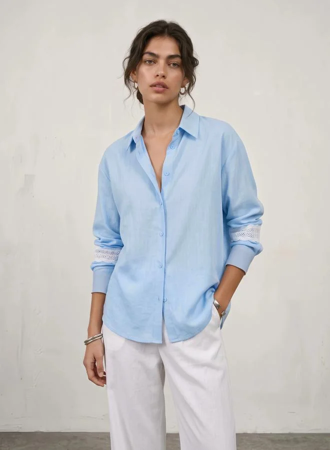 Styli Blue Relaxed Fit Shirt with Lace Cuffs