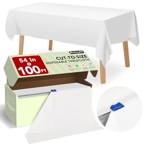 RowinsyDD 54 IN X 100 FT White Plastic Table Cover Roll with Slide Cutter, Cuts Up to 12 Rectangle 8 Feet Disposable Plastic Table Cloths, Disposable Table Cover Roll for Dinning, Parties, BBQ, Wedding, Outdoor - Image 1