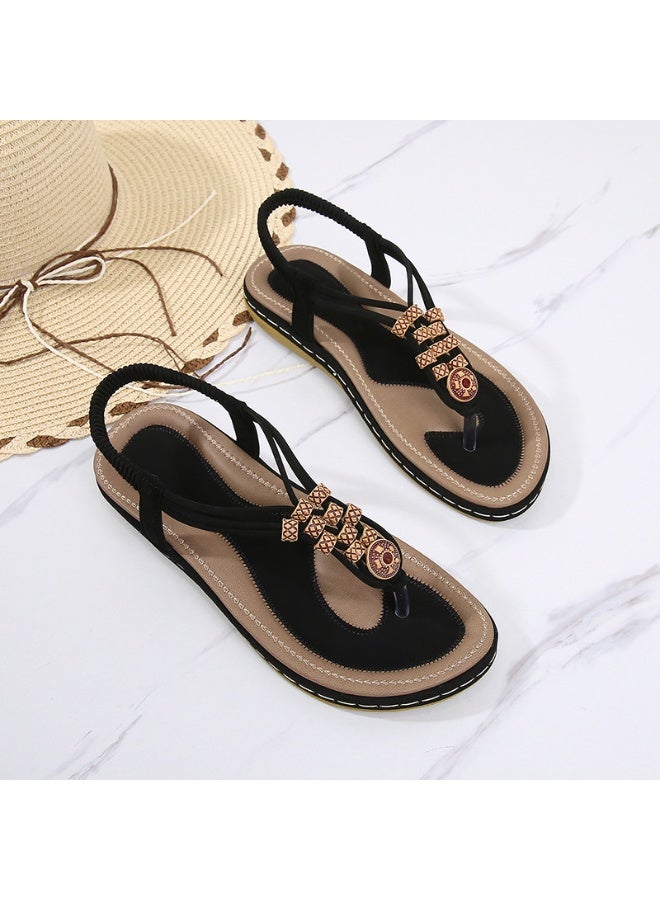 NIBEMINENT Summer Sandals Women's Fashion Bohemian Wooden Wood Beaded Flats Flat Casual Shoes Breathable Beach Comfortable  - Image 1
